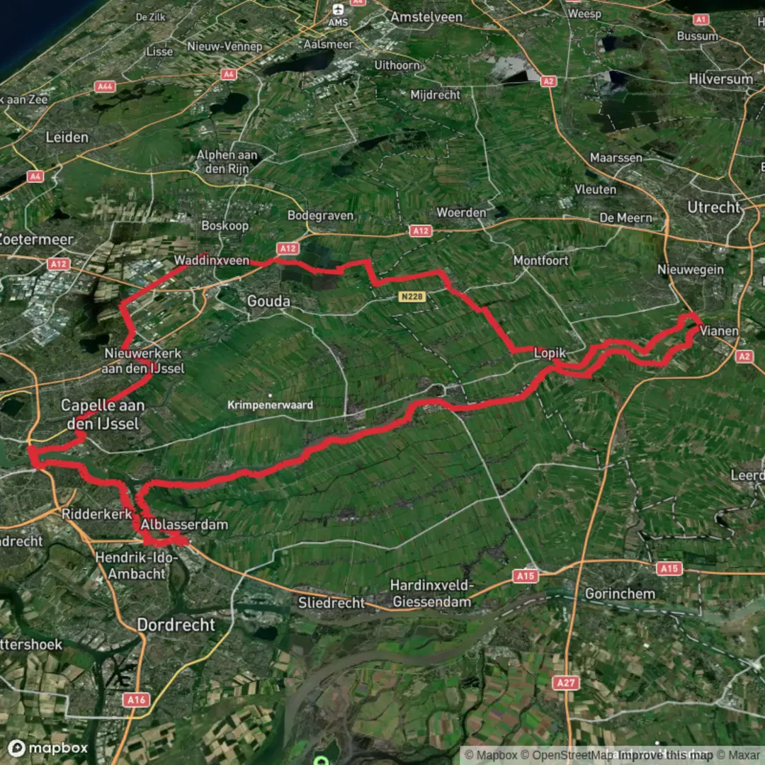 An image depicting the trail Reeuwijkse Plassen and Nieuwpoort via Zwarteweg, Baarsjeskade, Damweg and De Hetting and its surrounding area.