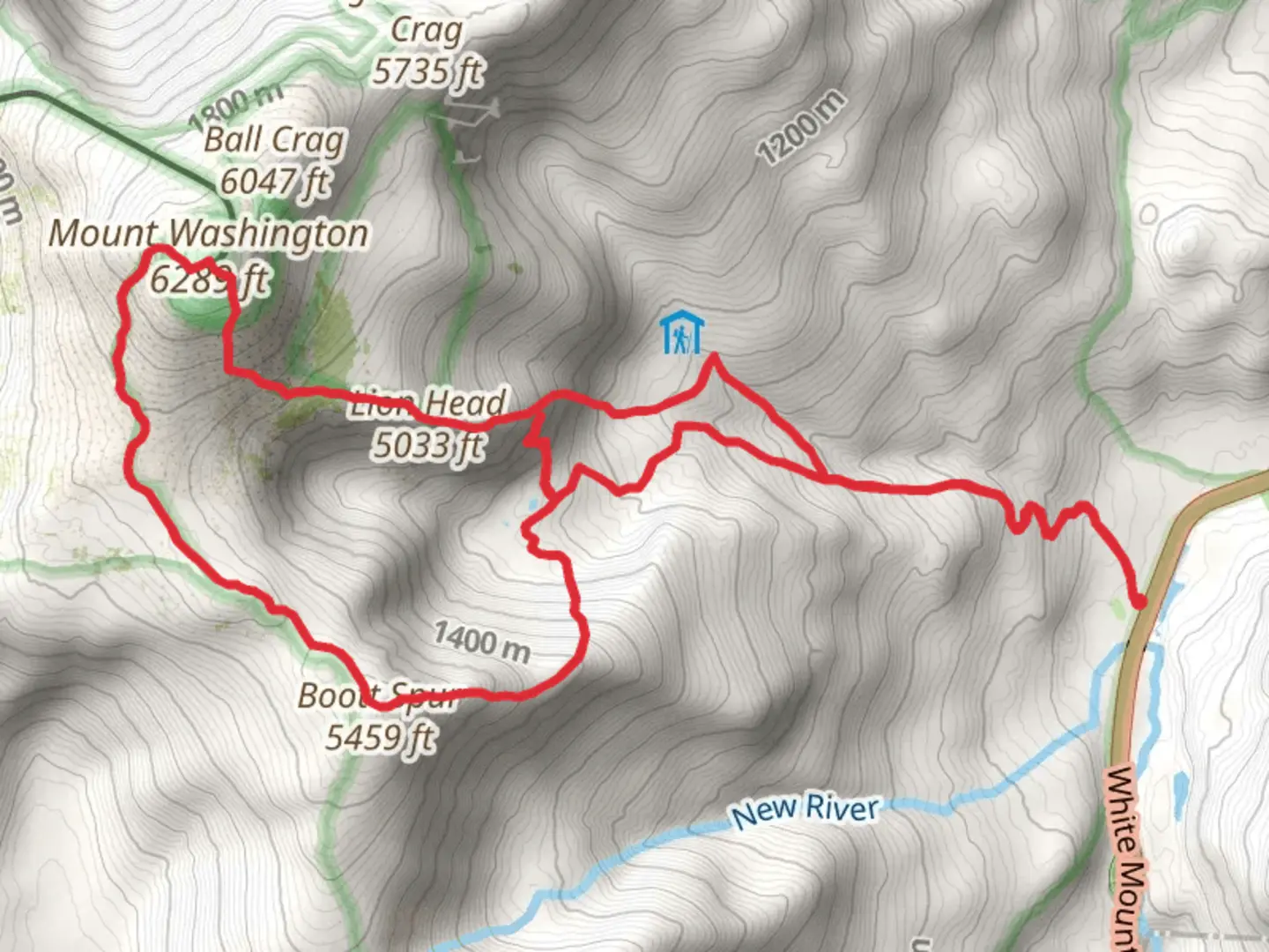 An image depicting the trail Mount Washington, Davis Path, Boott Spur Loop via Pinkham Notch and its surrounding area.