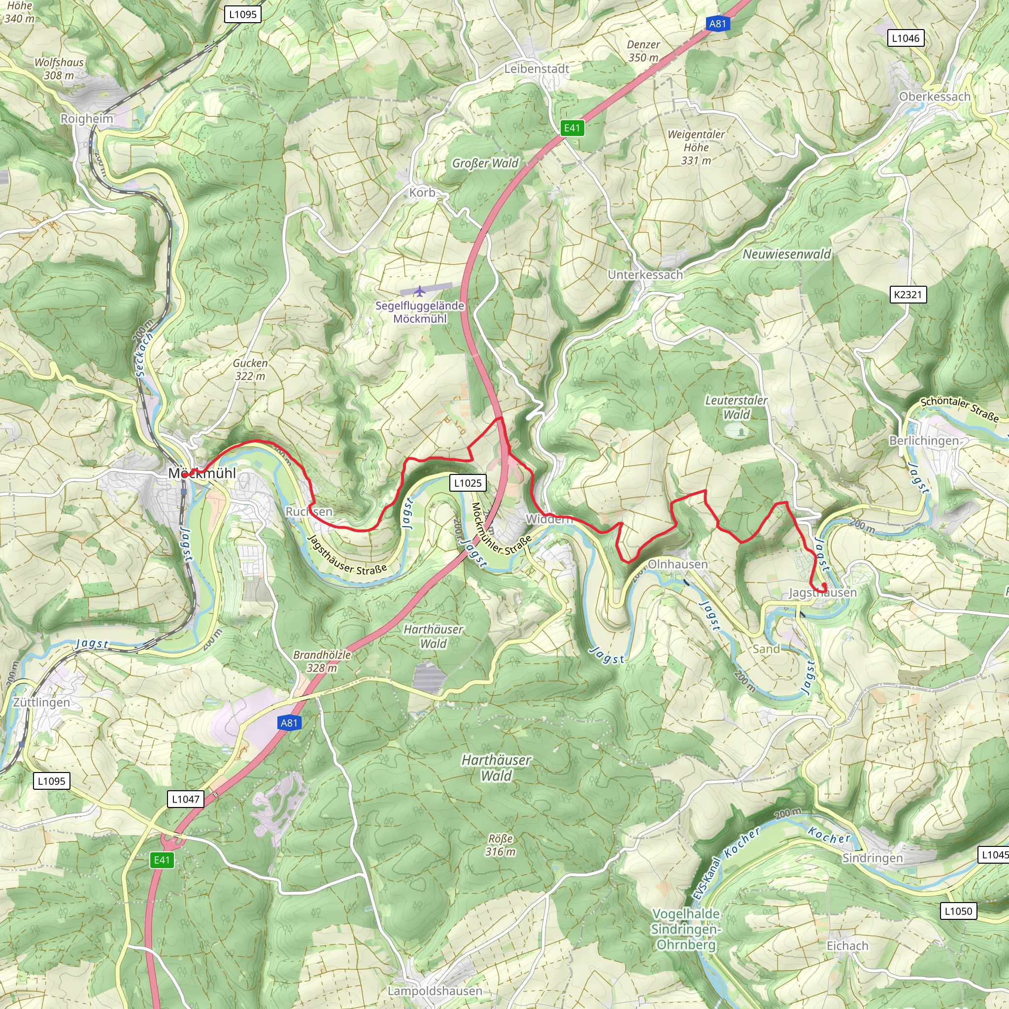 Möckmühl to Jagsthausen via Olnhausen Widdern mobile static map