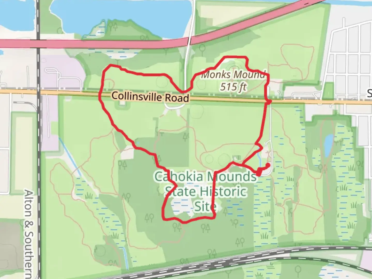 An image depicting the trail Monks Mound Loop and its surrounding area.