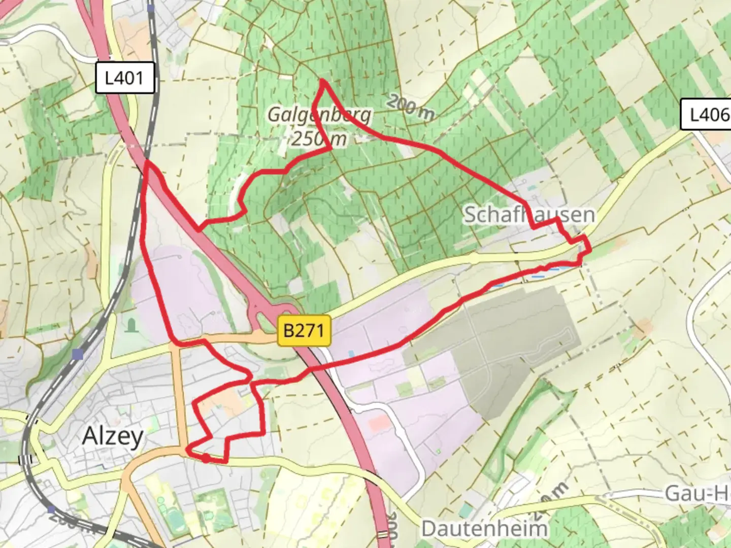 An image depicting the trail Selz and Galgenberg via Saar Rhein Main Weg Trail and its surrounding area.