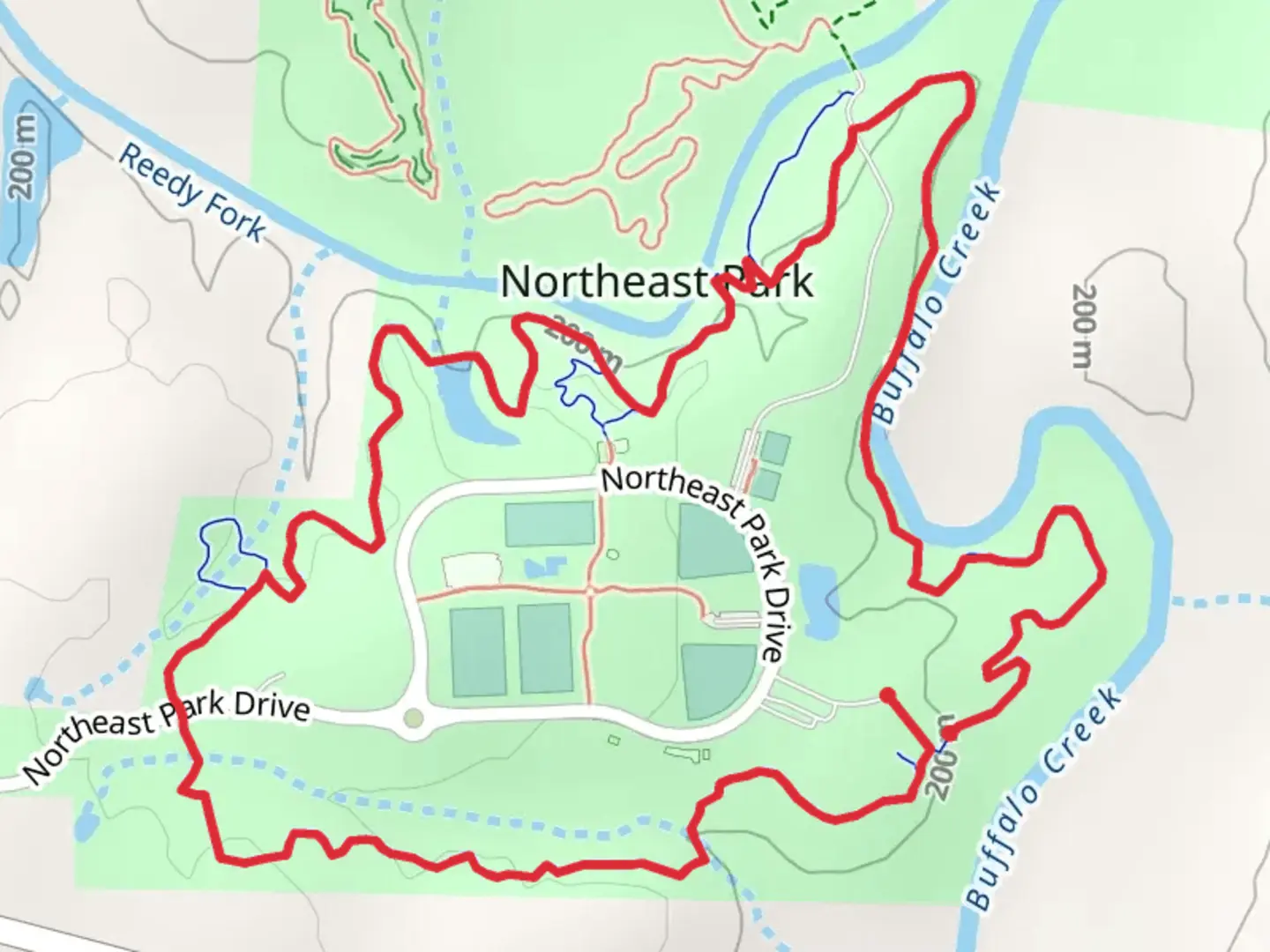 An image depicting the trail Buck Lane, Deer Run and Buffalo Creek Loop Trail and its surrounding area.