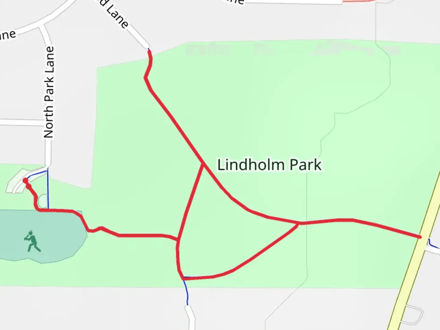 An image depicting the trail Lindholm Park Loop and its surrounding area.