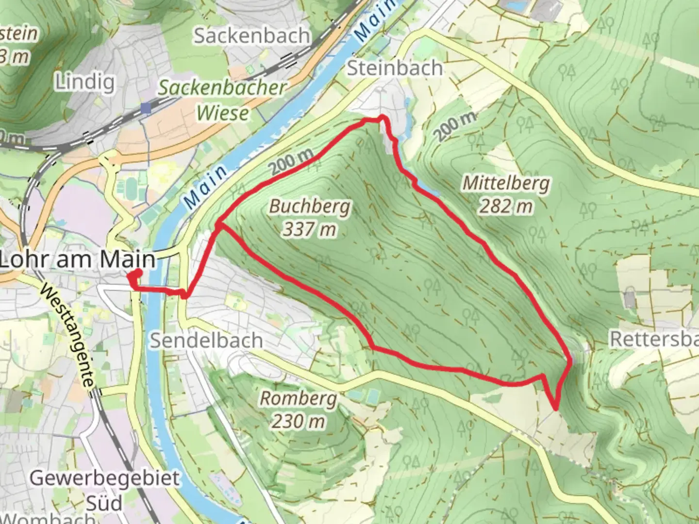 An image depicting the trail Ortswanderweg Lohr 3 and Spessartweg 1 and its surrounding area.