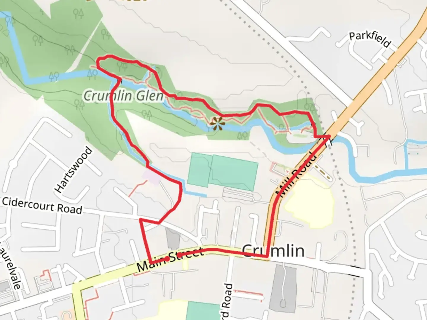 An image depicting the trail Crumlin Glen Loop and its surrounding area.