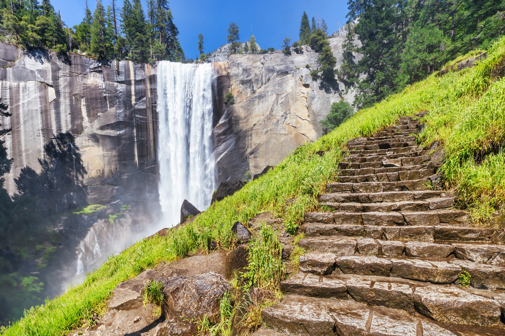 An image depicting the trail Nevada Fall and Illilouette Fall via Mist and Panroma Loop Trail and its surrounding area.