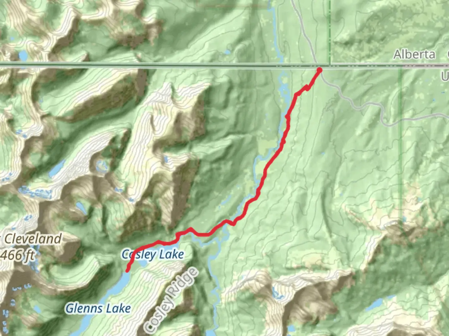 An image depicting the trail Glenns Lake Cosley Lake via Belly River Trail and its surrounding area.