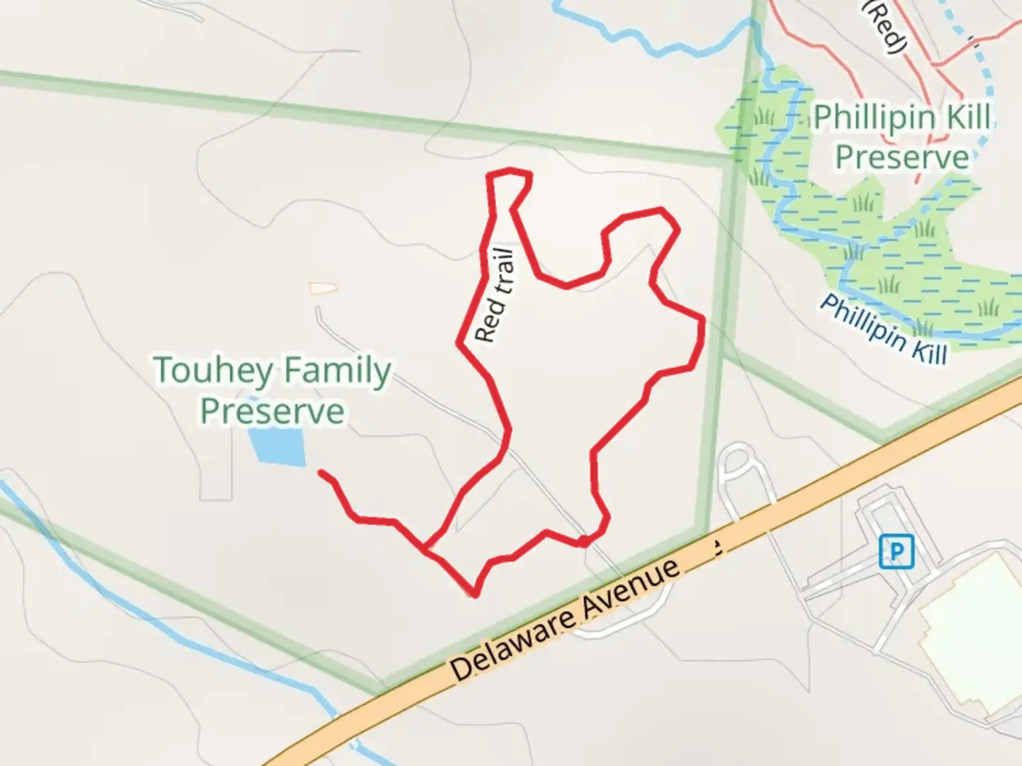 An image depicting the trail Red and Yellow Trail from Delaware Avwnue and its surrounding area.