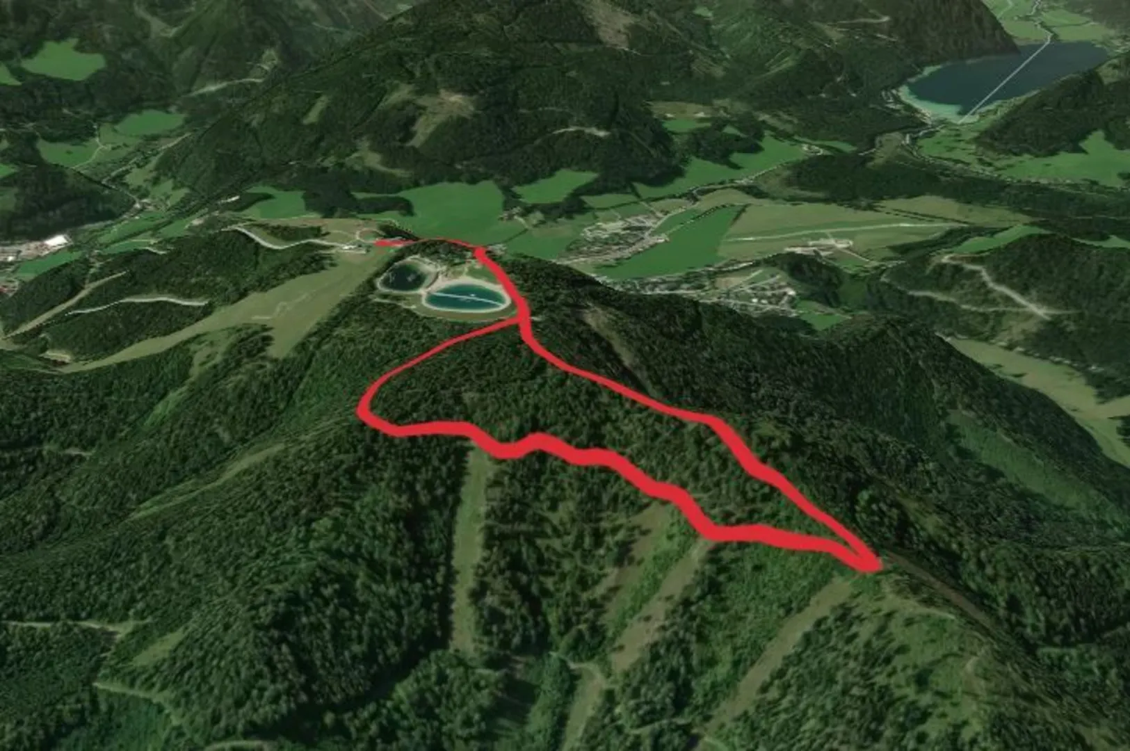 An image depicting the trail Kristallsee, Erlaufsee and Hubertussee Lakes View and its surrounding area.