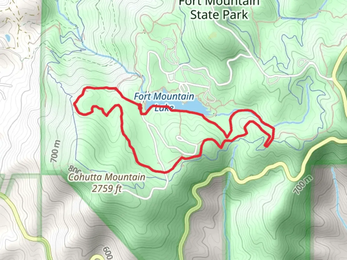 An image depicting the trail Big Rock Trail, Gahuti and Fort Mountain Lake Loop Trail and its surrounding area.