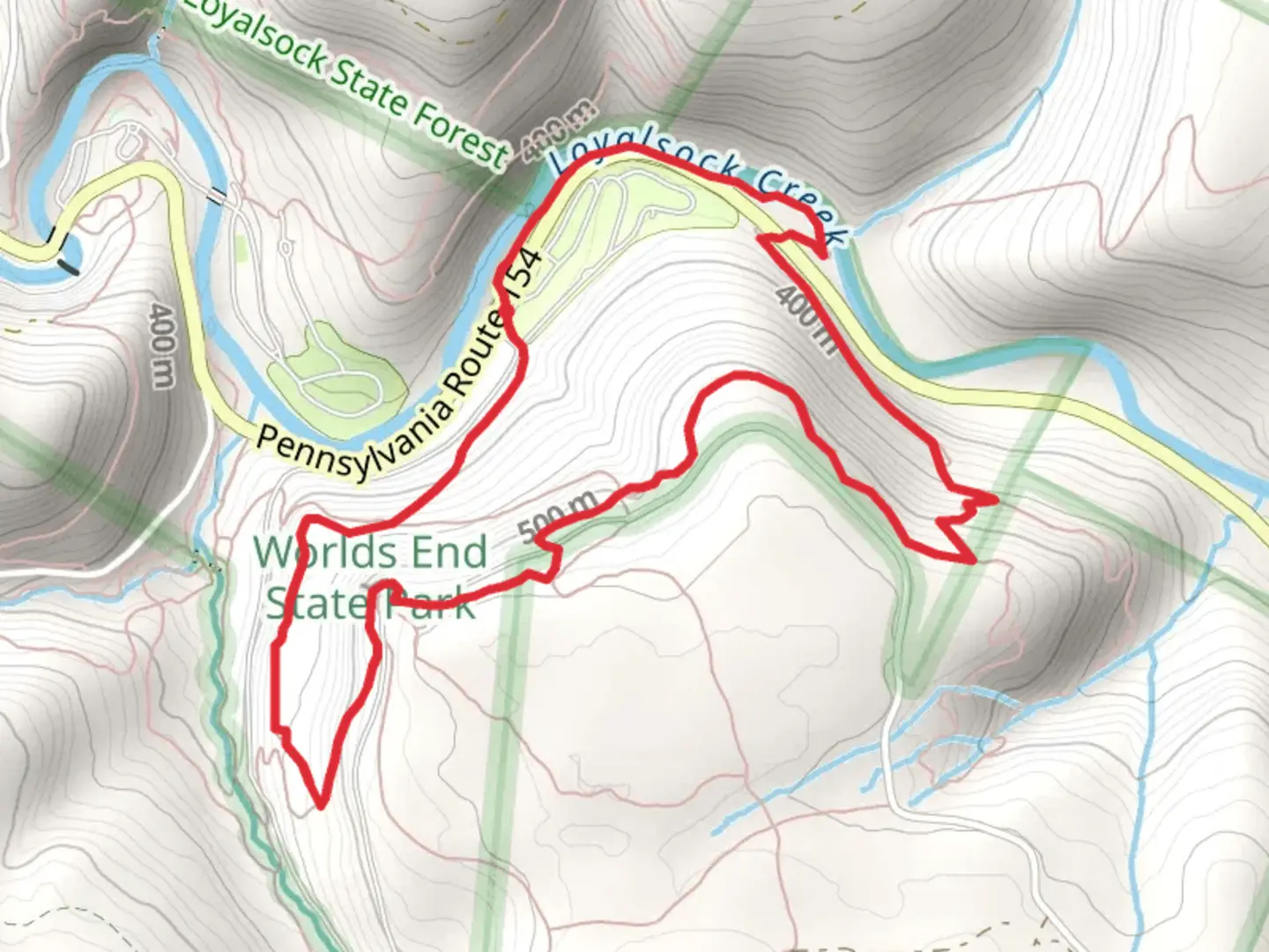An image depicting the trail Loyalsock Trail and Canyon Vista Trail - Blue and its surrounding area.