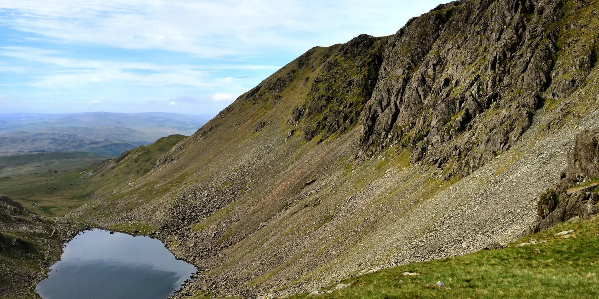 An image depicting the trail Dow Crag Loop via Coniston Old Man and its surrounding area.