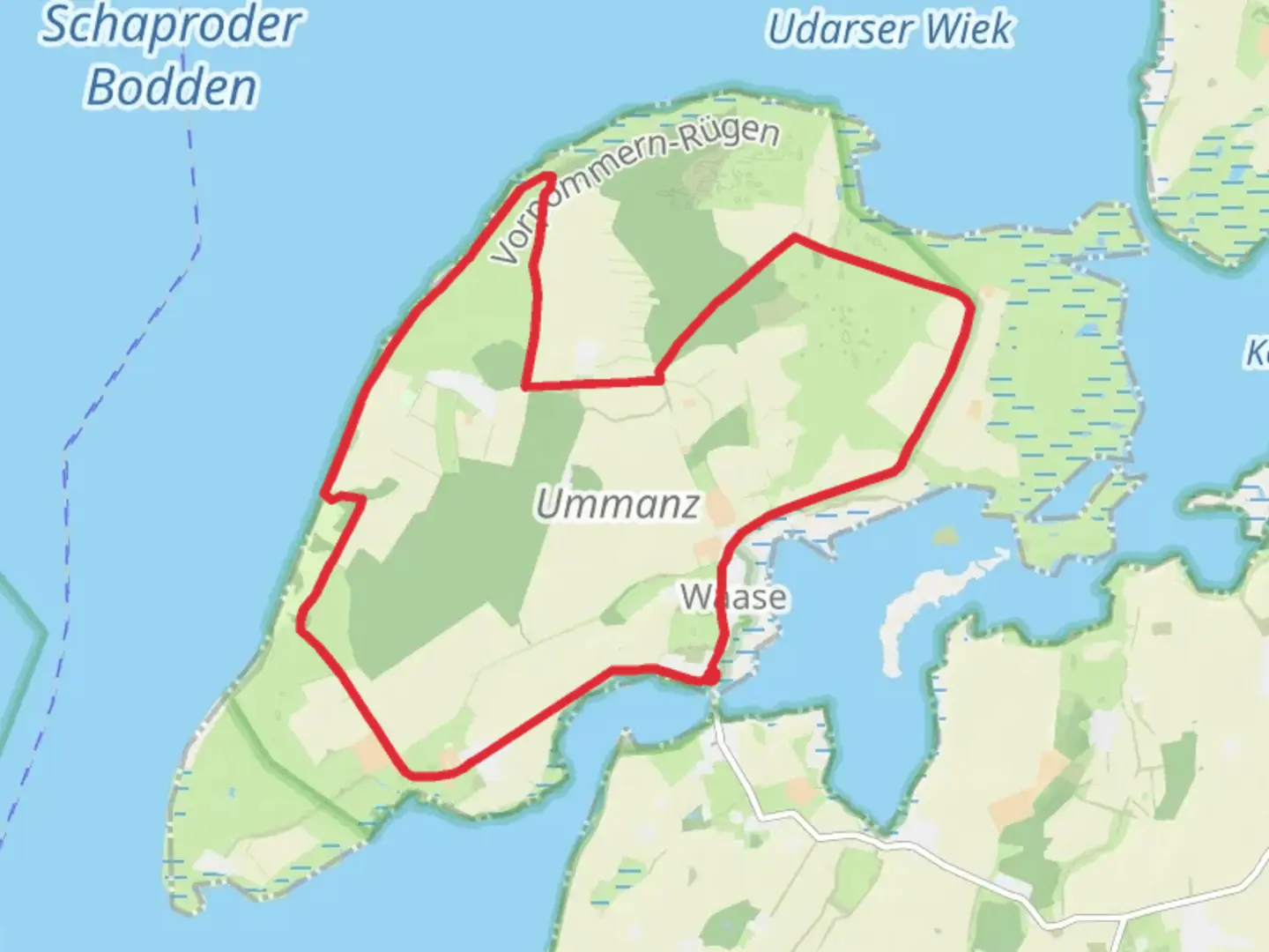 An image depicting the trail Ummanz and De Wolkenitzer Busch Loop and its surrounding area.