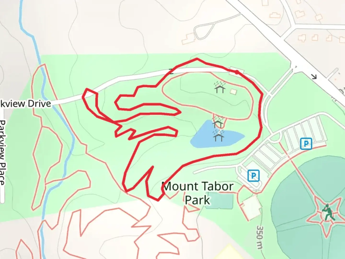 An image depicting the trail Mount Tabor Park Loop and its surrounding area.