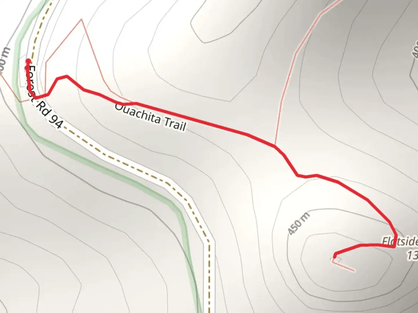 An image depicting the trail Flatside Pinnacle via Ouachita Trail and its surrounding area.