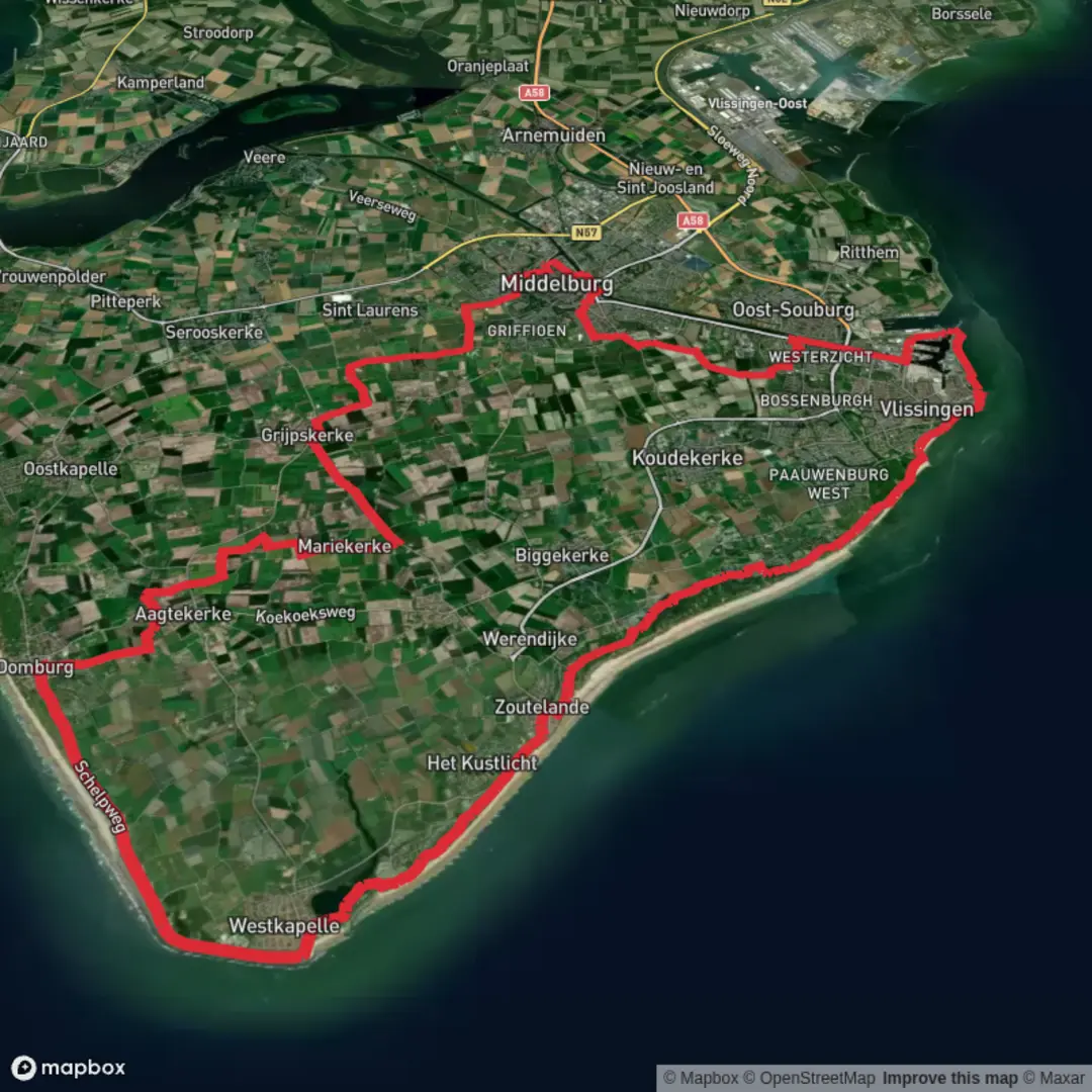 An image depicting the trail Binnenhaven, Groot Valkenisse and Westkapelsche via Vlissings Jaagpad and Strand Zoutelande and its surrounding area.