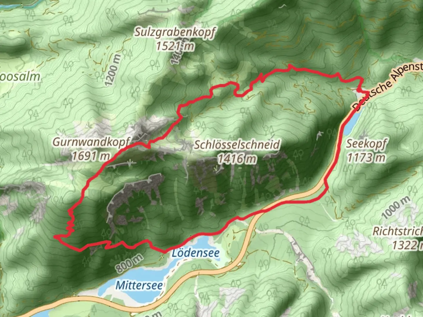An image depicting the trail Forchensee to Lodensee Loop via Horndlwand and its surrounding area.
