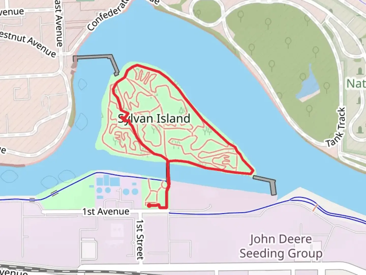 An image depicting the trail Sylvan Island Loop and its surrounding area.