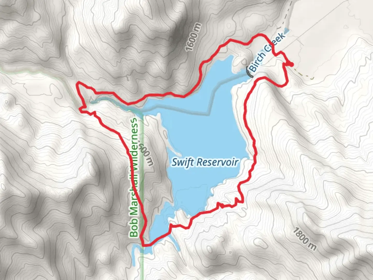 An image depicting the trail Swift Reservoir Loop and its surrounding area.