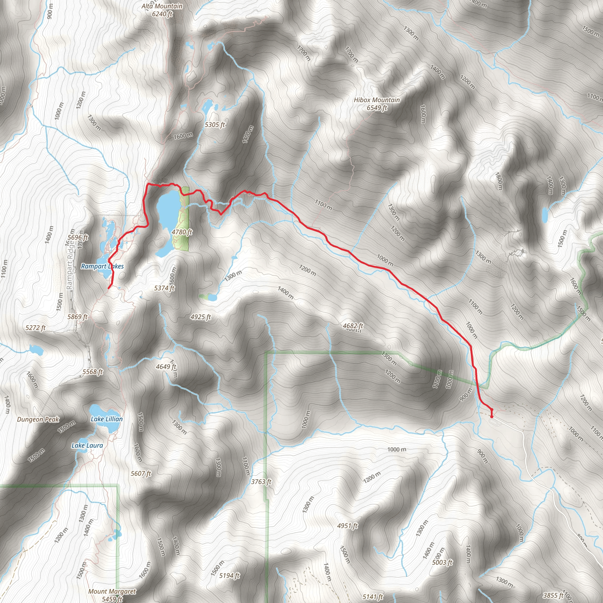 Rachel and Rampart Lakes Trail mobile static map