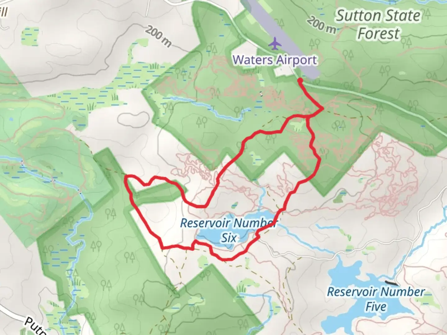 An image depicting the trail Reservoir Number Six Loop from Mendon Road and its surrounding area.