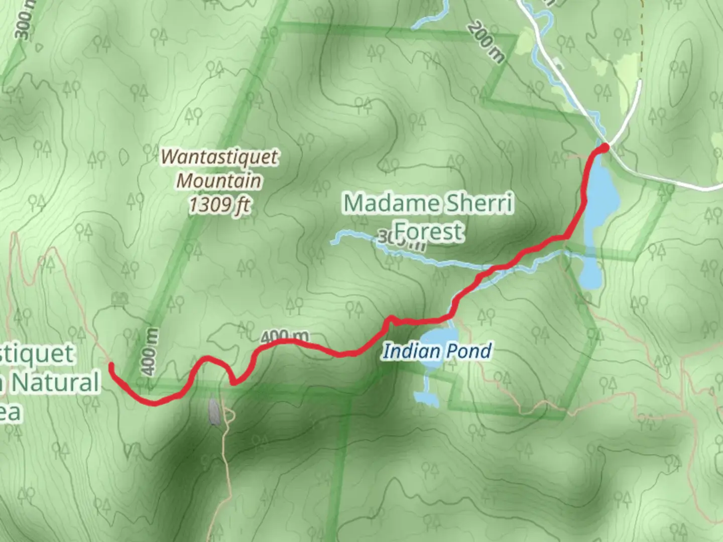 An image depicting the trail Indian Pond via Mine Ledge Trail and its surrounding area.