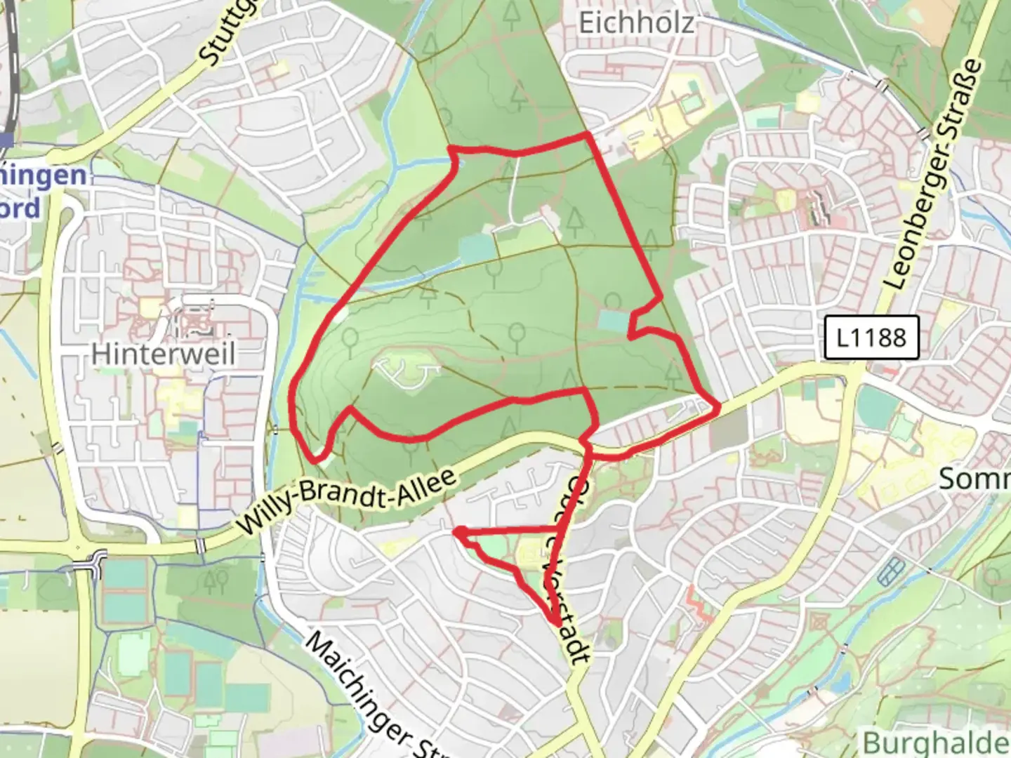 An image depicting the trail Eichholzpark and Wasserturm Loop and its surrounding area.