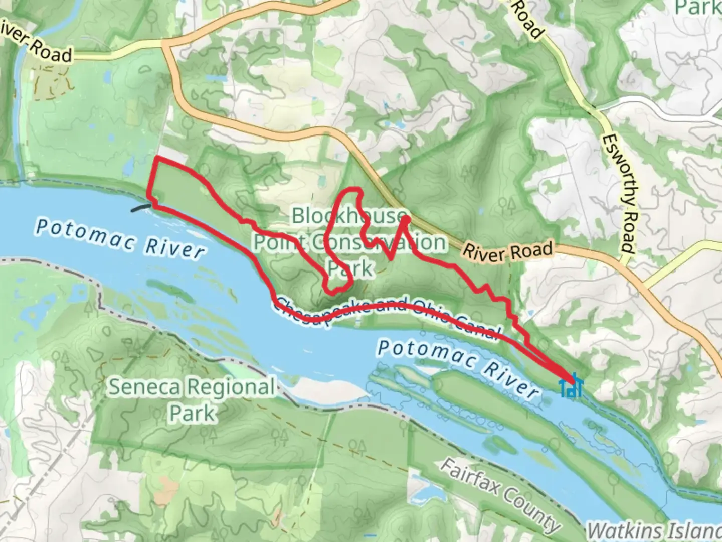 An image depicting the trail Blockhouse and Chesapeake and Ohio Canal Loop Trail and its surrounding area.