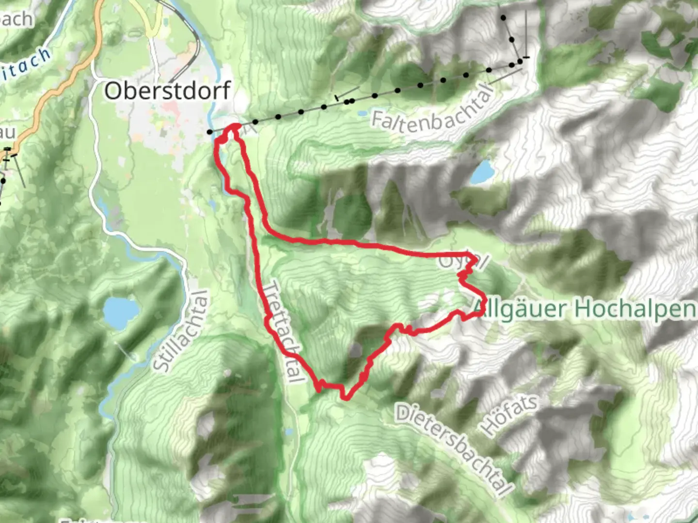 An image depicting the trail Allgauer Hochalpen Loop via Trettach - Oberstdorf and its surrounding area.