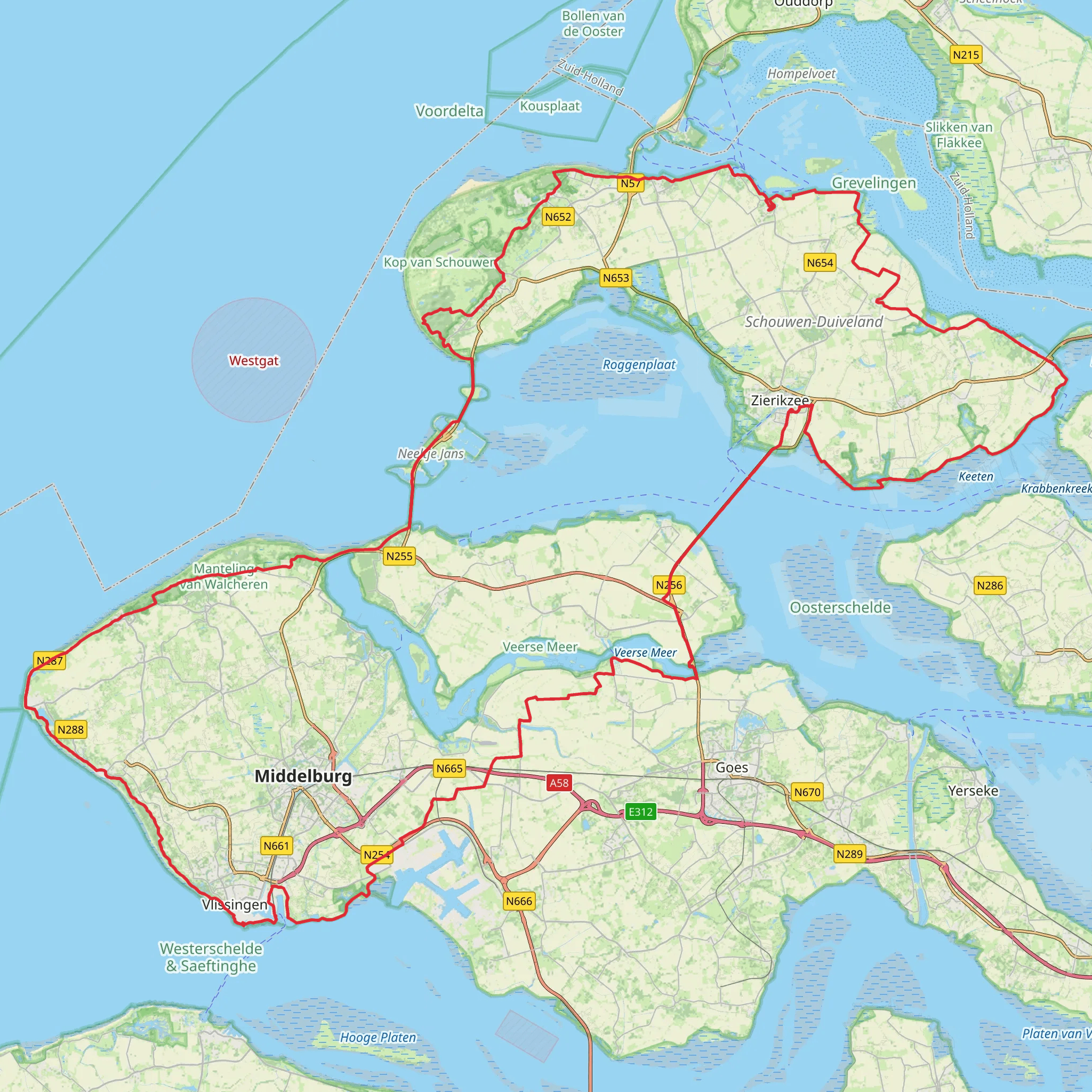 Zeeland Bridge, Europapad West, Zwanenburg, Strand Zoutelande and Schelpweg Loop mobile static map
