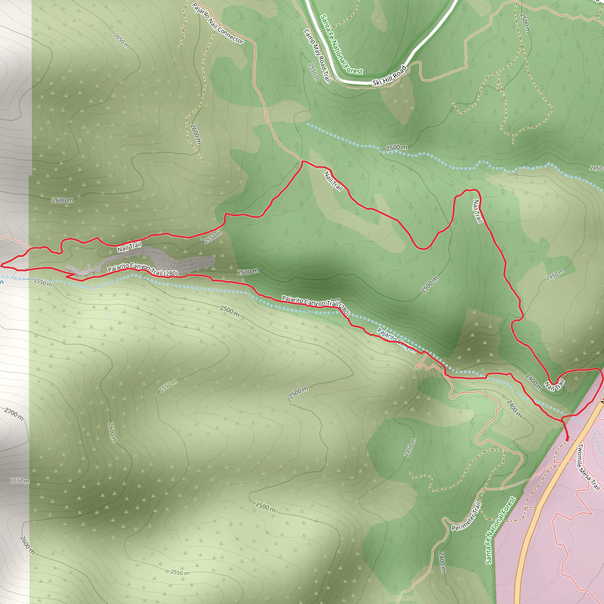 Nail and Pajarito Canyon Loop Trail mobile static map