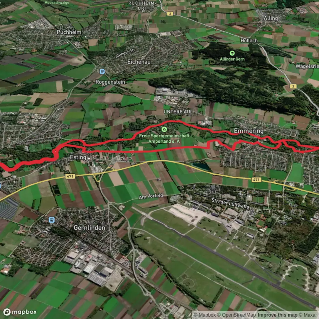 An image depicting the trail Emmeringer Hoelzl, Amper and Olching Vogelpark Loop and its surrounding area.