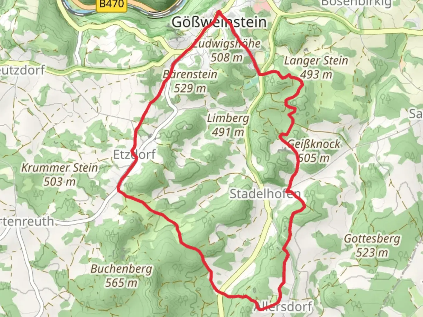 An image depicting the trail Waldlehrpfad and Rundwanderweg Goessweinstein Foerstelstein and its surrounding area.