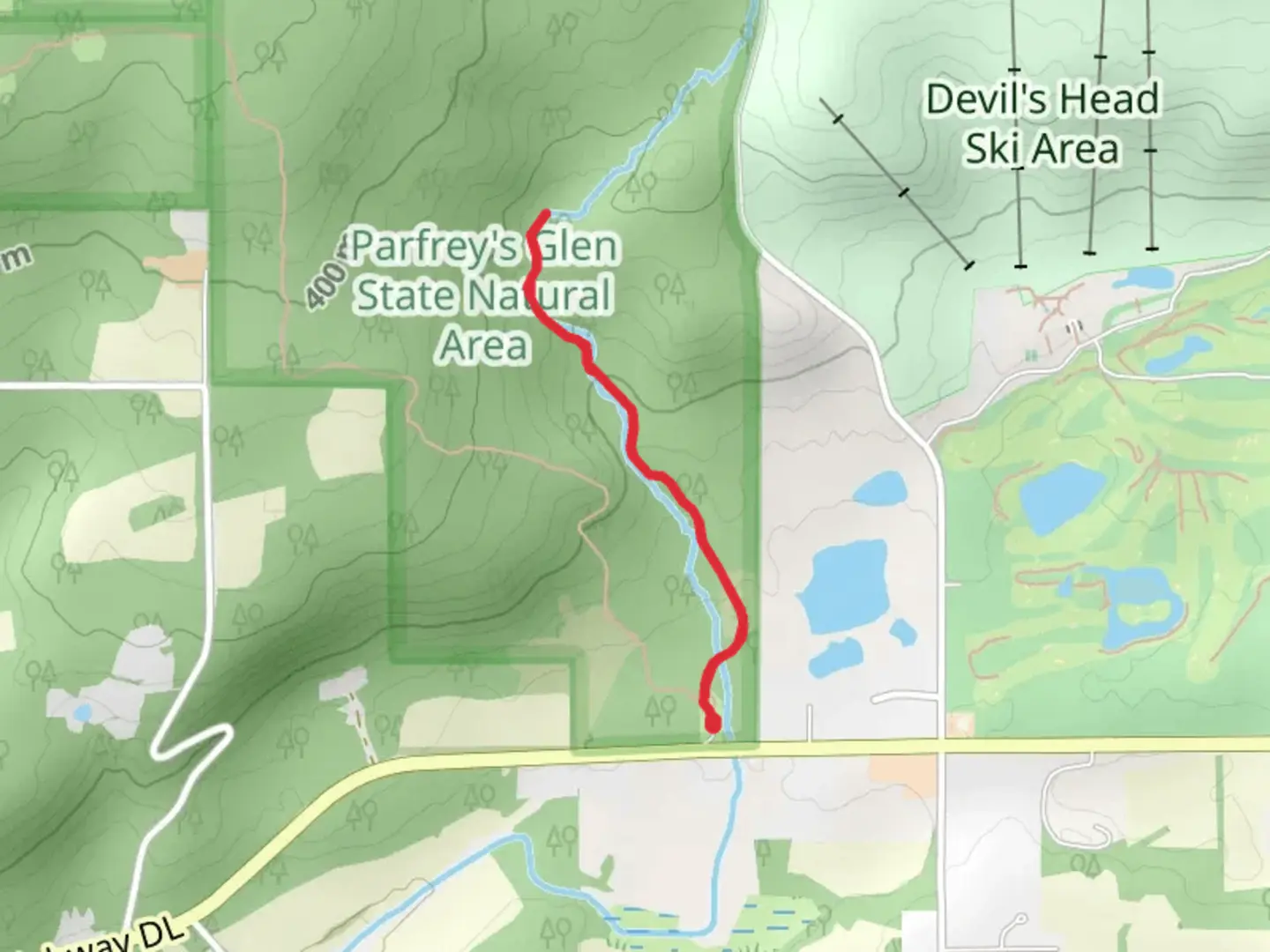 An image depicting the trail Parfrey's Glen Creek Trail and its surrounding area.