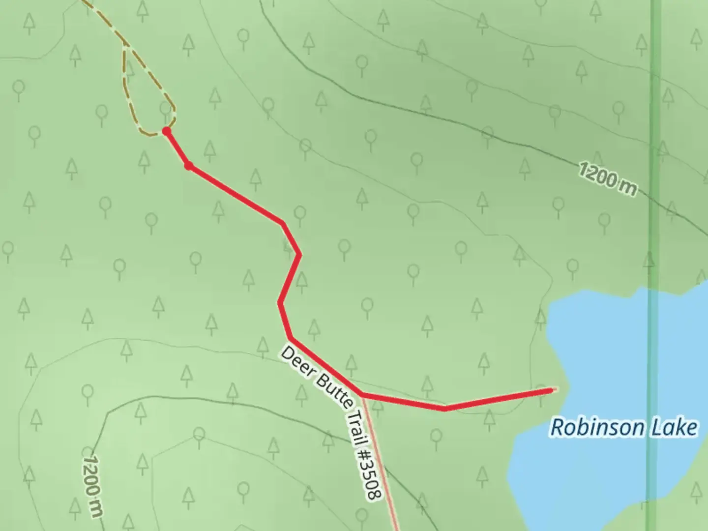 An image depicting the trail Robinson Lake via Deer Butte Trail and its surrounding area.