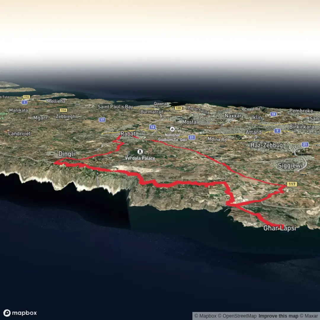 An image depicting the trail Ta' Dmejrek from Ir-Rabat and its surrounding area.