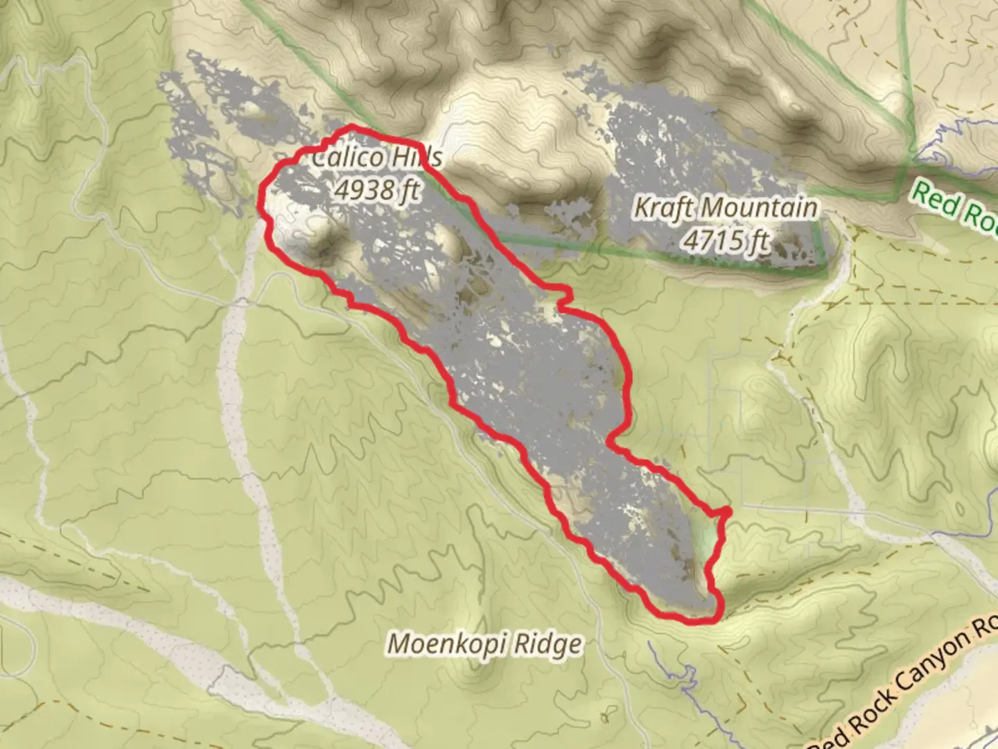 An image depicting the trail Ash Spring, Calico Tanks and Calico Hills Loop Trail and its surrounding area.