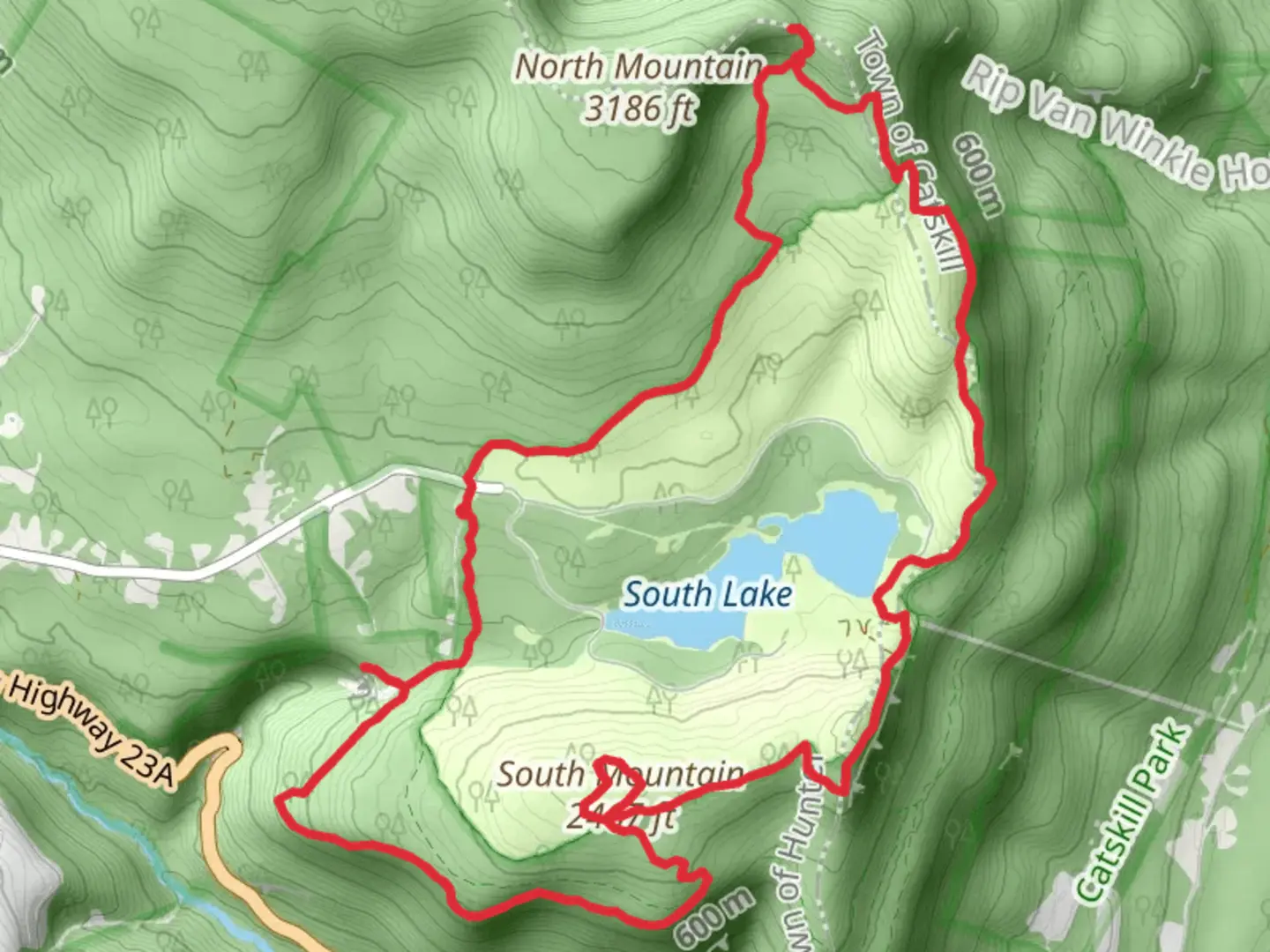 An image depicting the trail South Mountain and North and South Lake Loop via Escarpment Trail and its surrounding area.