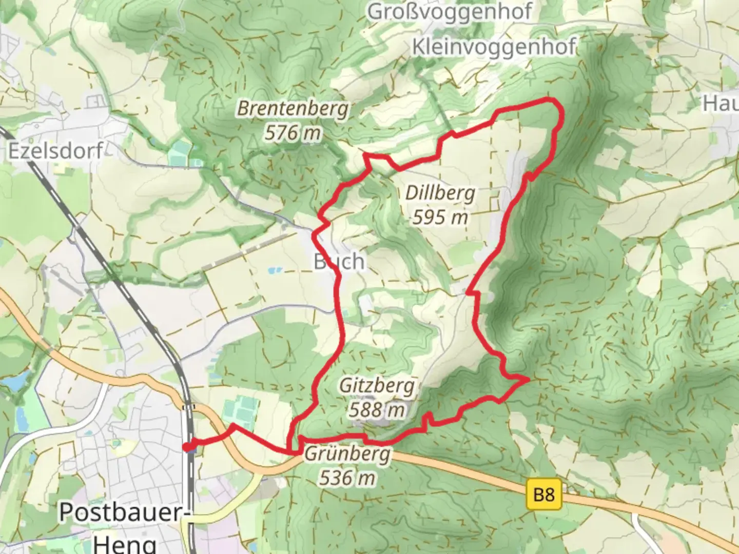 An image depicting the trail Grosse Dillbergrunde and its surrounding area.