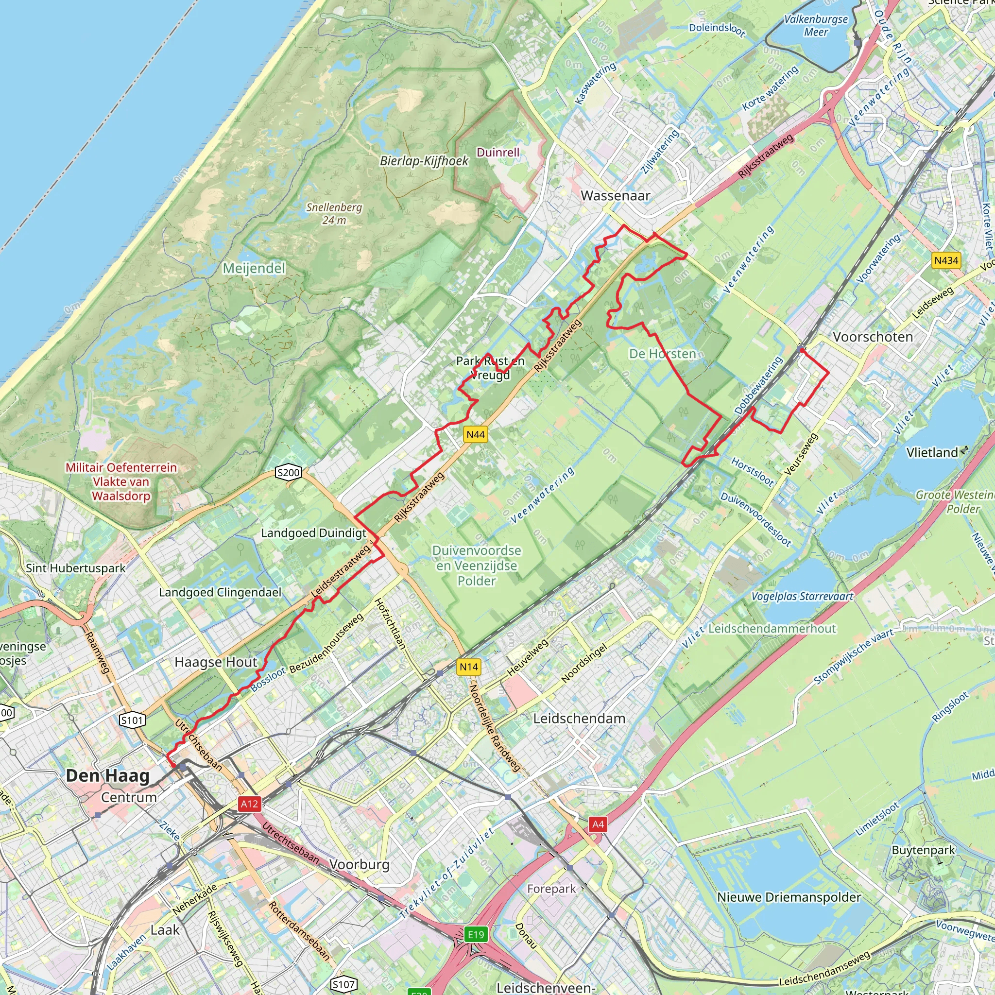 Centraal Station to Voorschoten via Haagse Hout, Ksteel De Wittenburg and De Paauw mobile static map