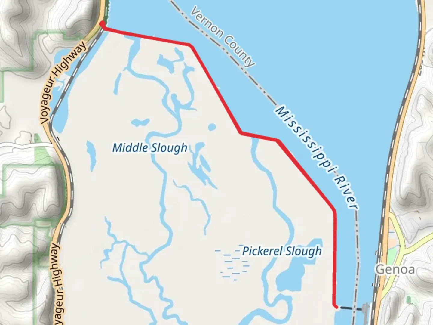 An image depicting the trail Mississippi River - Lake and Dam 8 and its surrounding area.