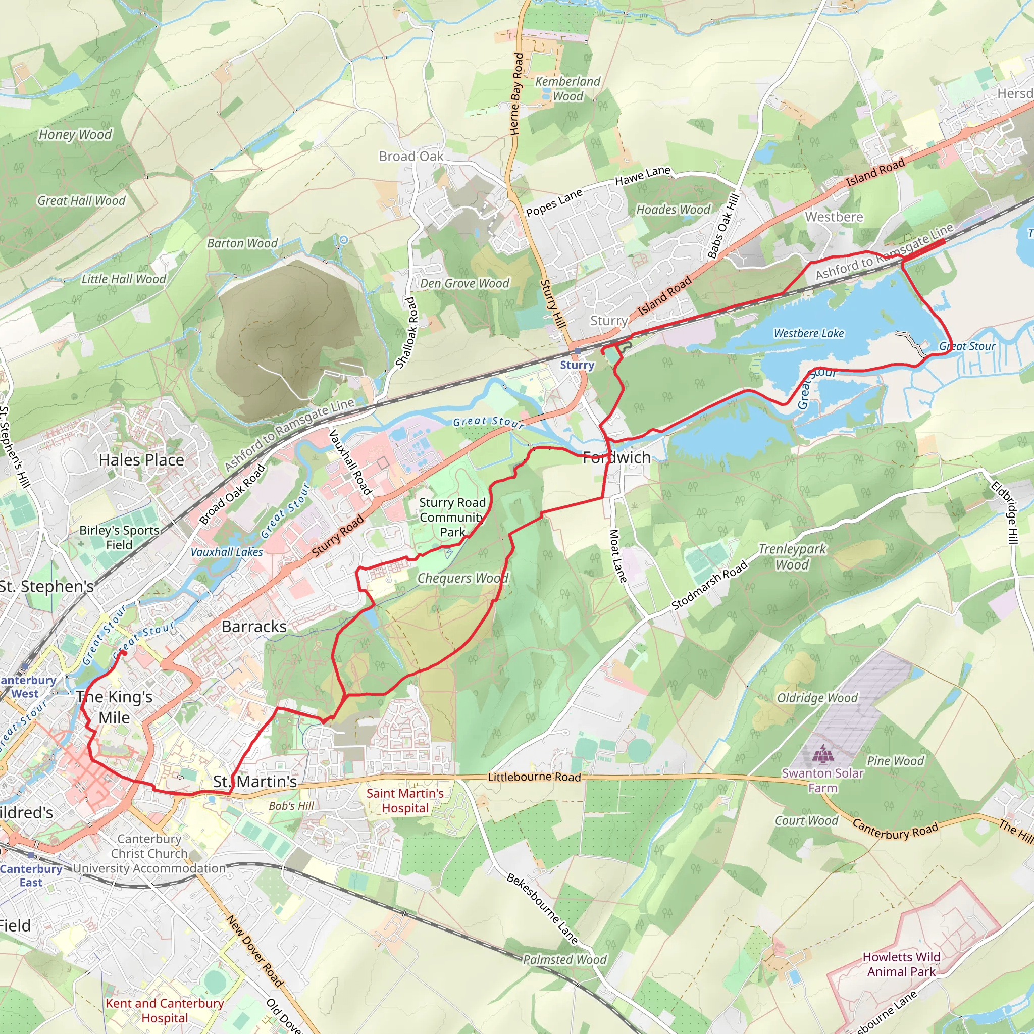 Westbere Marshes and Sandpit Wood Loop from Canterbury mobile static map