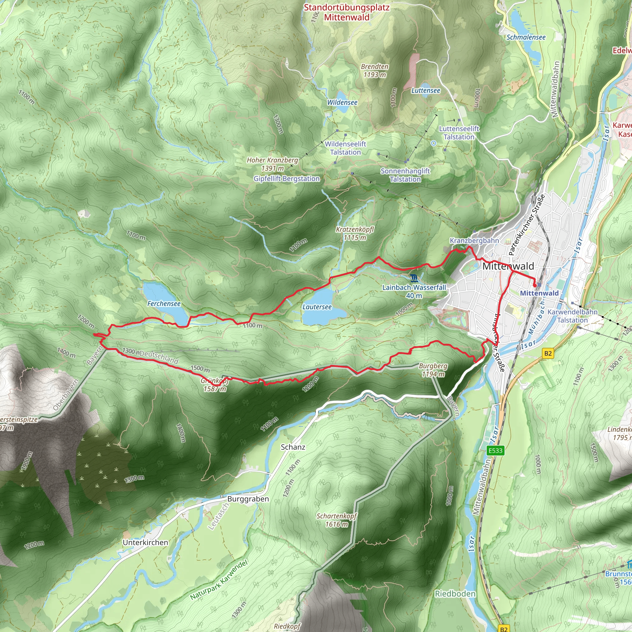 Ferchensee, Lautersee and Gruenkopf via Wanderweg and AV Weg mobile static map