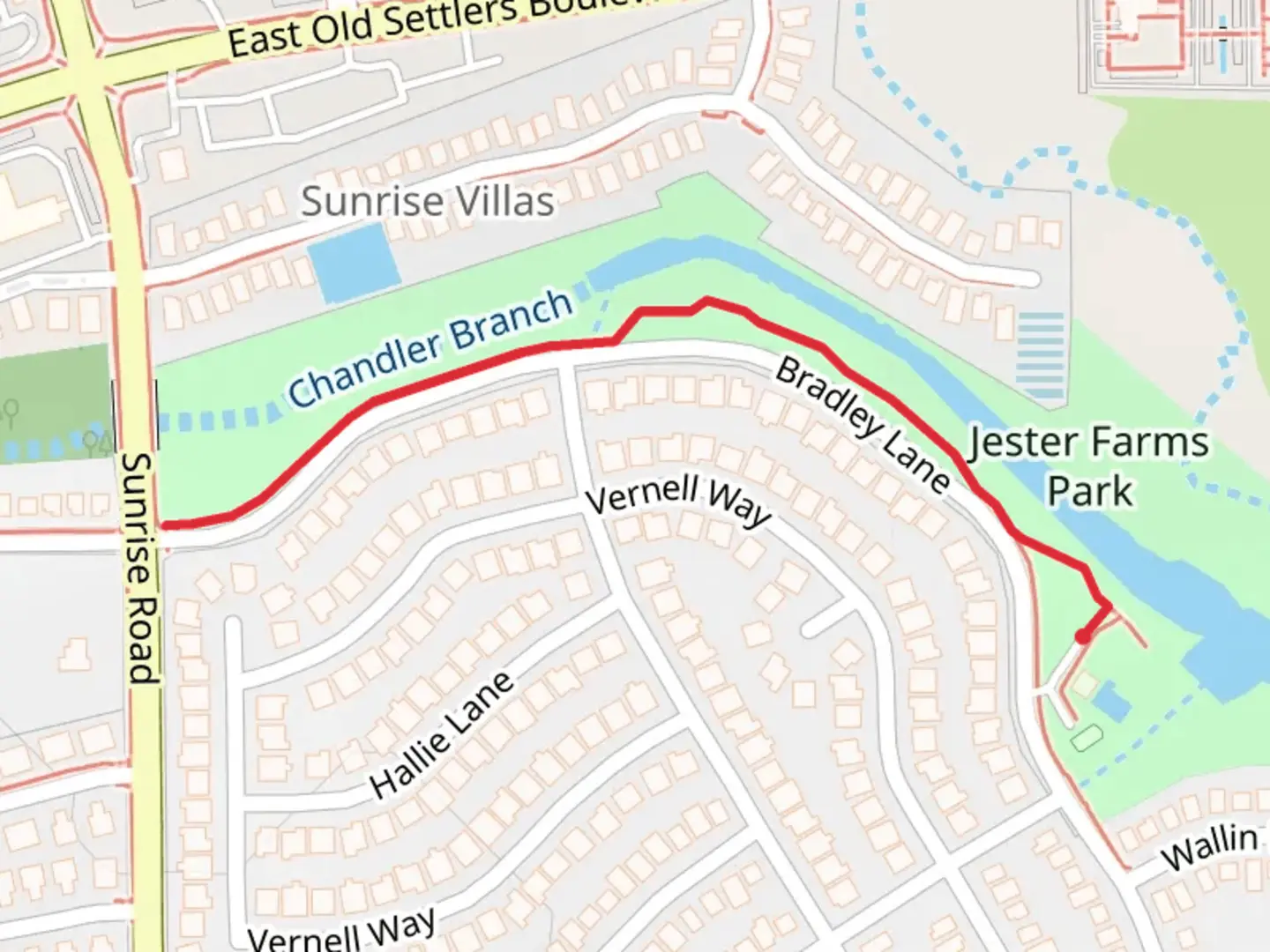 An image depicting the trail Jester Farms Park and its surrounding area.