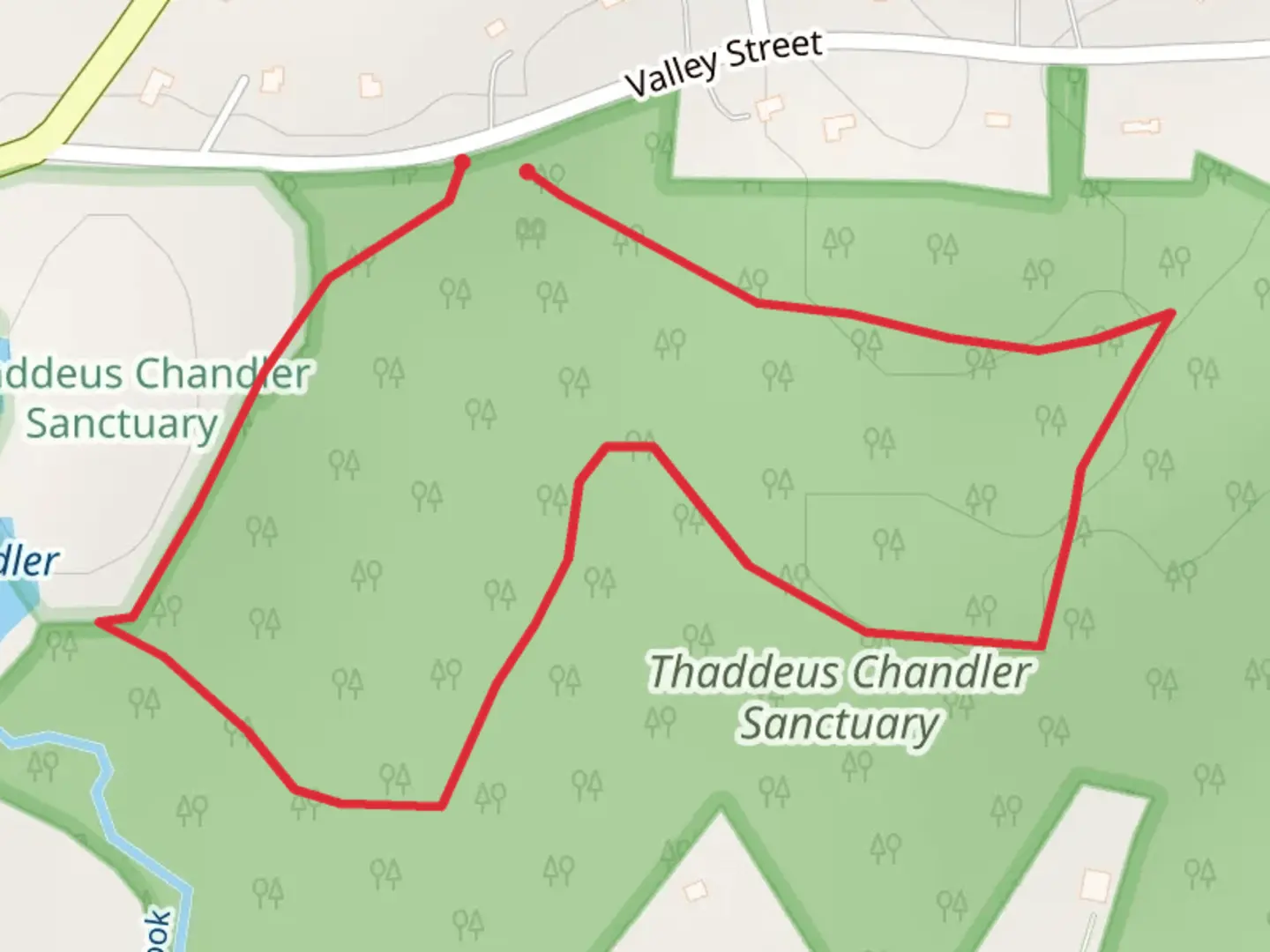 An image depicting the trail Upper Chandler Pond and Thaddeus Chandler Sanctuary Loop and its surrounding area.