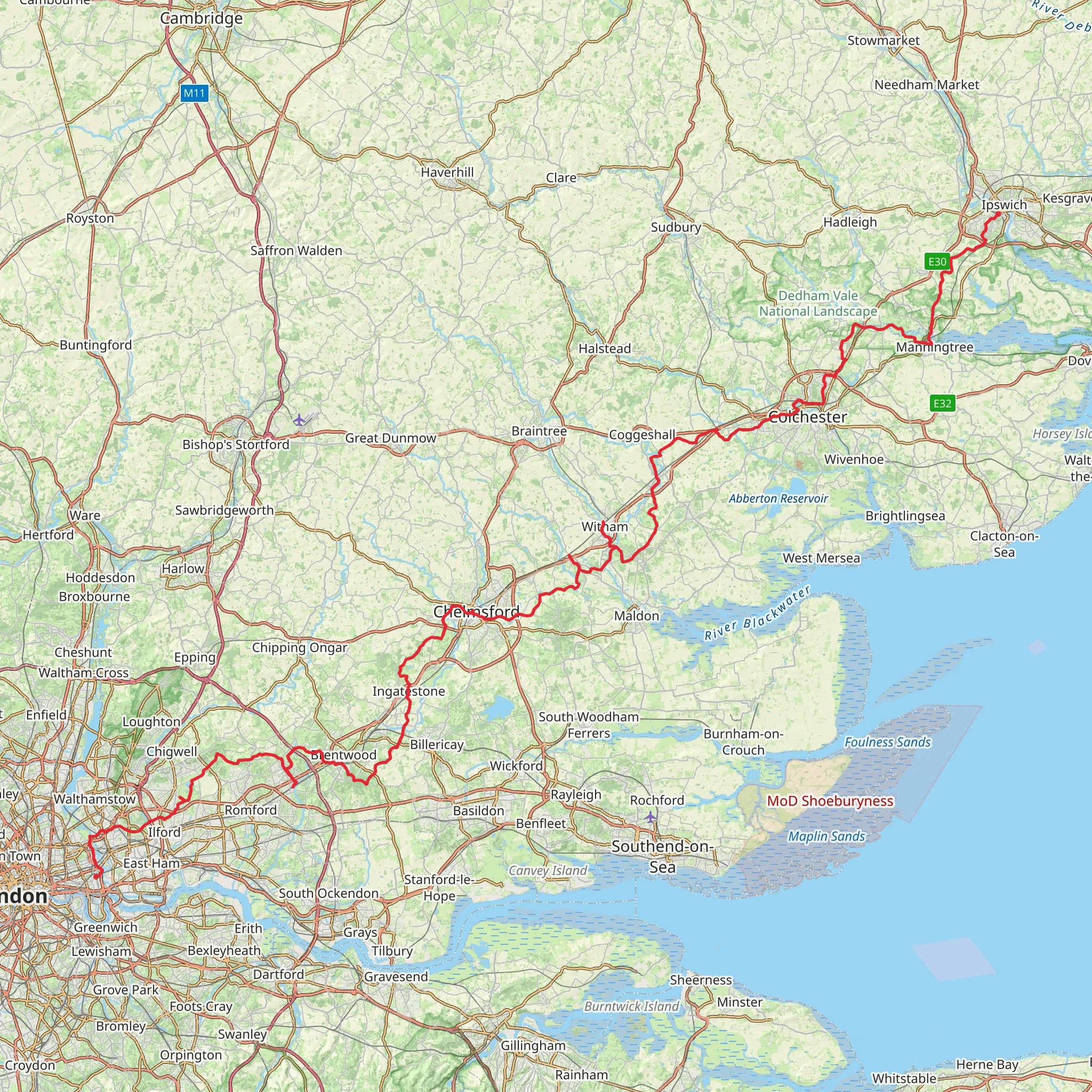 Ipswich to Ilford Walk mobile static map