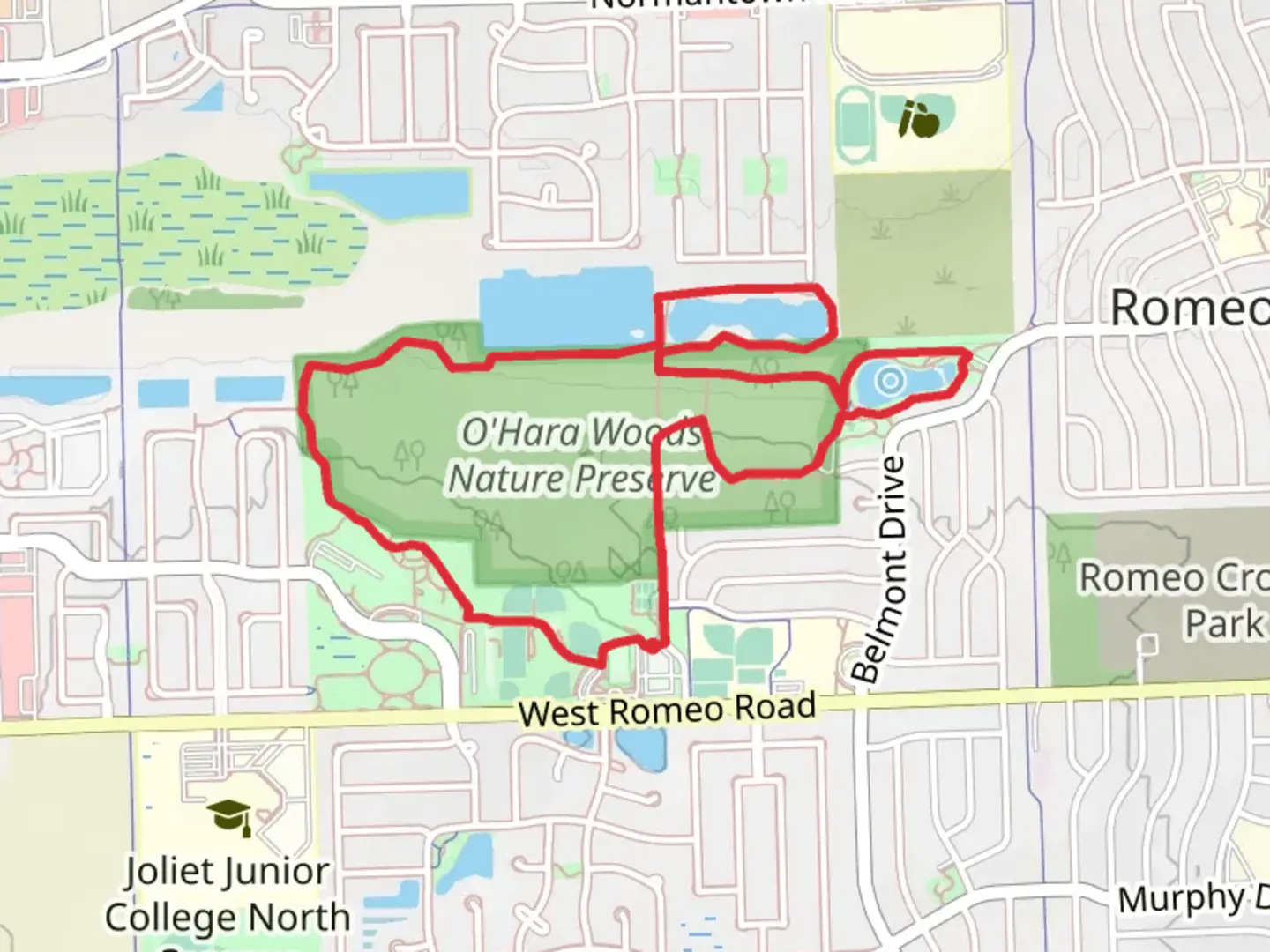 An image depicting the trail O'Hara Woods Nature Preserve Loop and its surrounding area.
