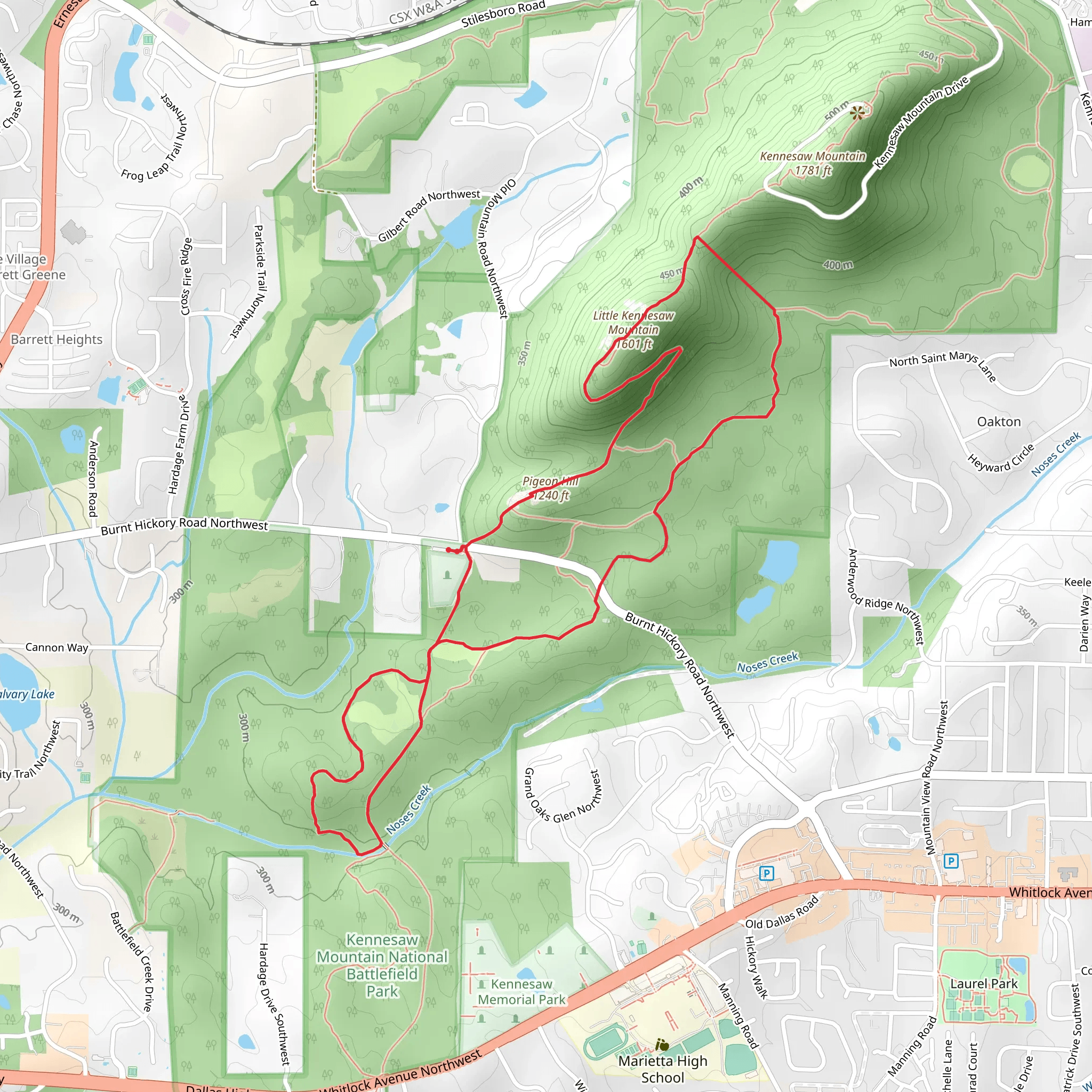 Pigeon Hill and Little Kennesaw Mountain via Brumby Camp Trail and Noses Creek Trail mobile static map
