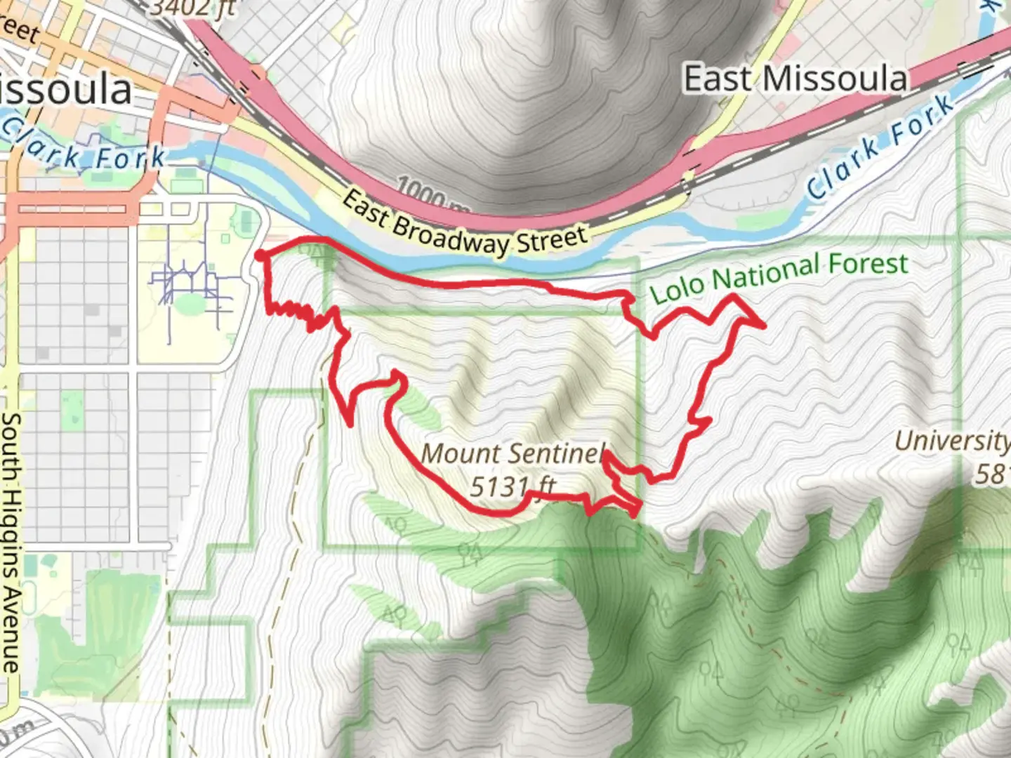 An image depicting the trail Mount Sentinel Loop and its surrounding area.