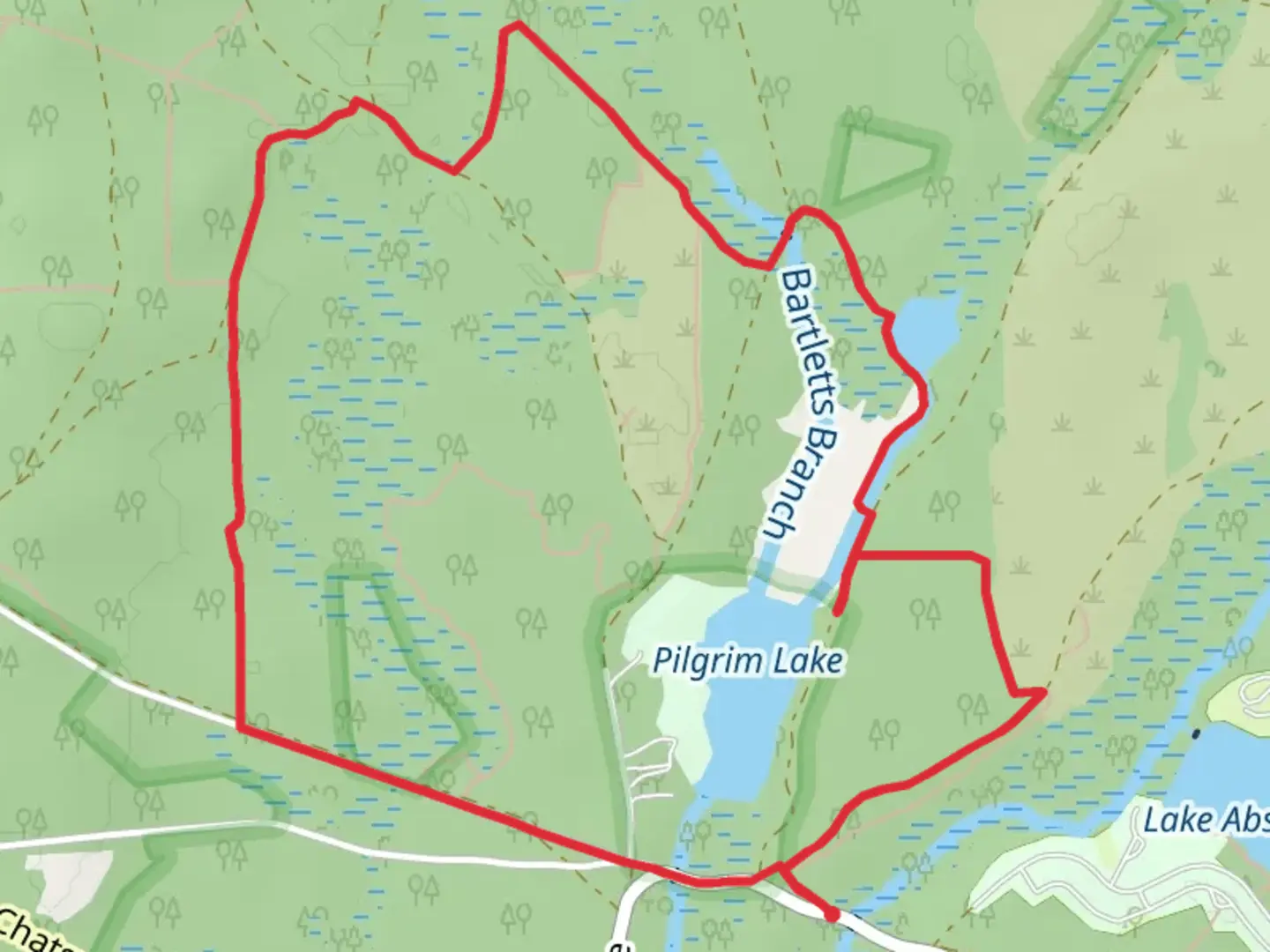An image depicting the trail Pilgrim Lake, Batona and Old Batona Loop Trail and its surrounding area.